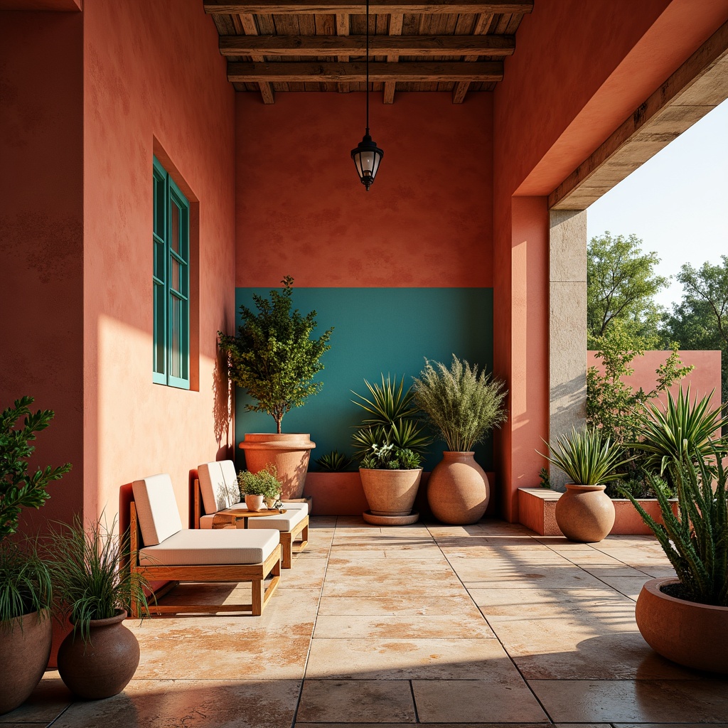 Prompt: Warm terracotta walls, soft cream accents, rich turquoise hues, vibrant coral tones, weathered wood textures, natural stone floors, distressed metal fixtures, earthy ceramics, lush greenery, potted plants, sunny windows, soft warm lighting, shallow depth of field, 3/4 composition, realistic textures, ambient occlusion.