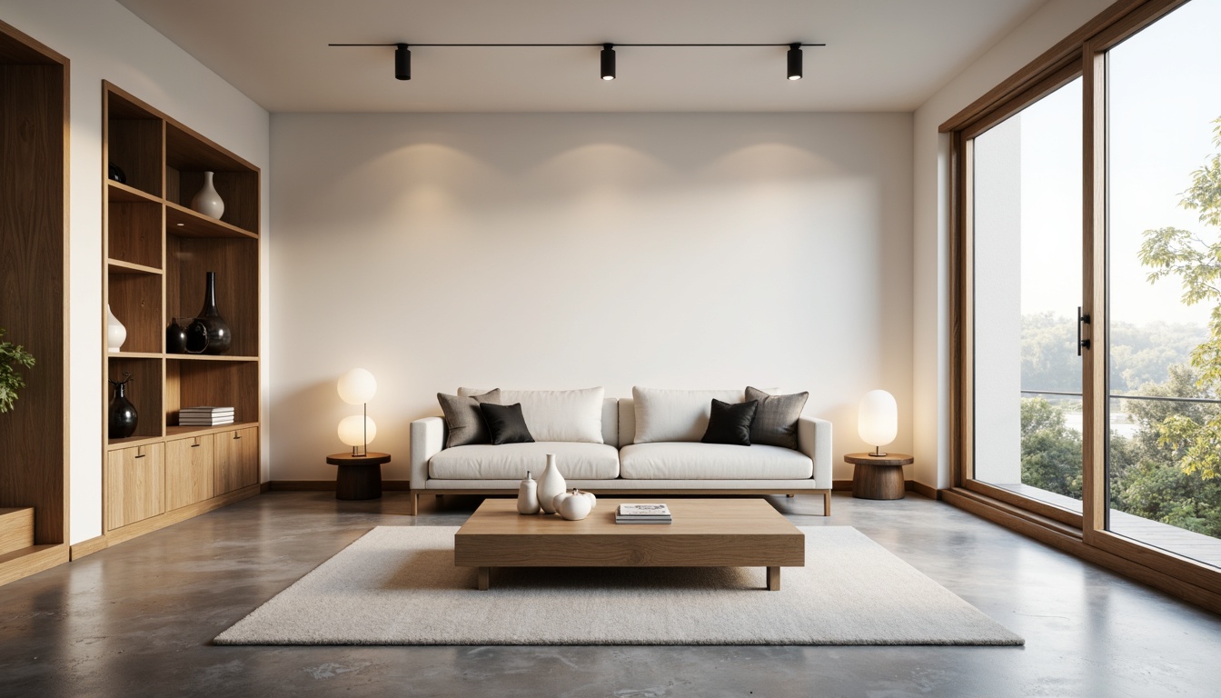 Prompt: Simple living room, minimalist decor, low-profile sofa, sleek coffee table, monochromatic color scheme, natural wood accents, floor-to-ceiling windows, abundant daylight, sparse decorative items, geometric-shaped vases, industrial-chic lighting fixtures, polished concrete floors, subtle textures, calm atmosphere, soft warm glow, shallow depth of field, 1/1 composition, symmetrical framing, realistic reflections, ambient occlusion.