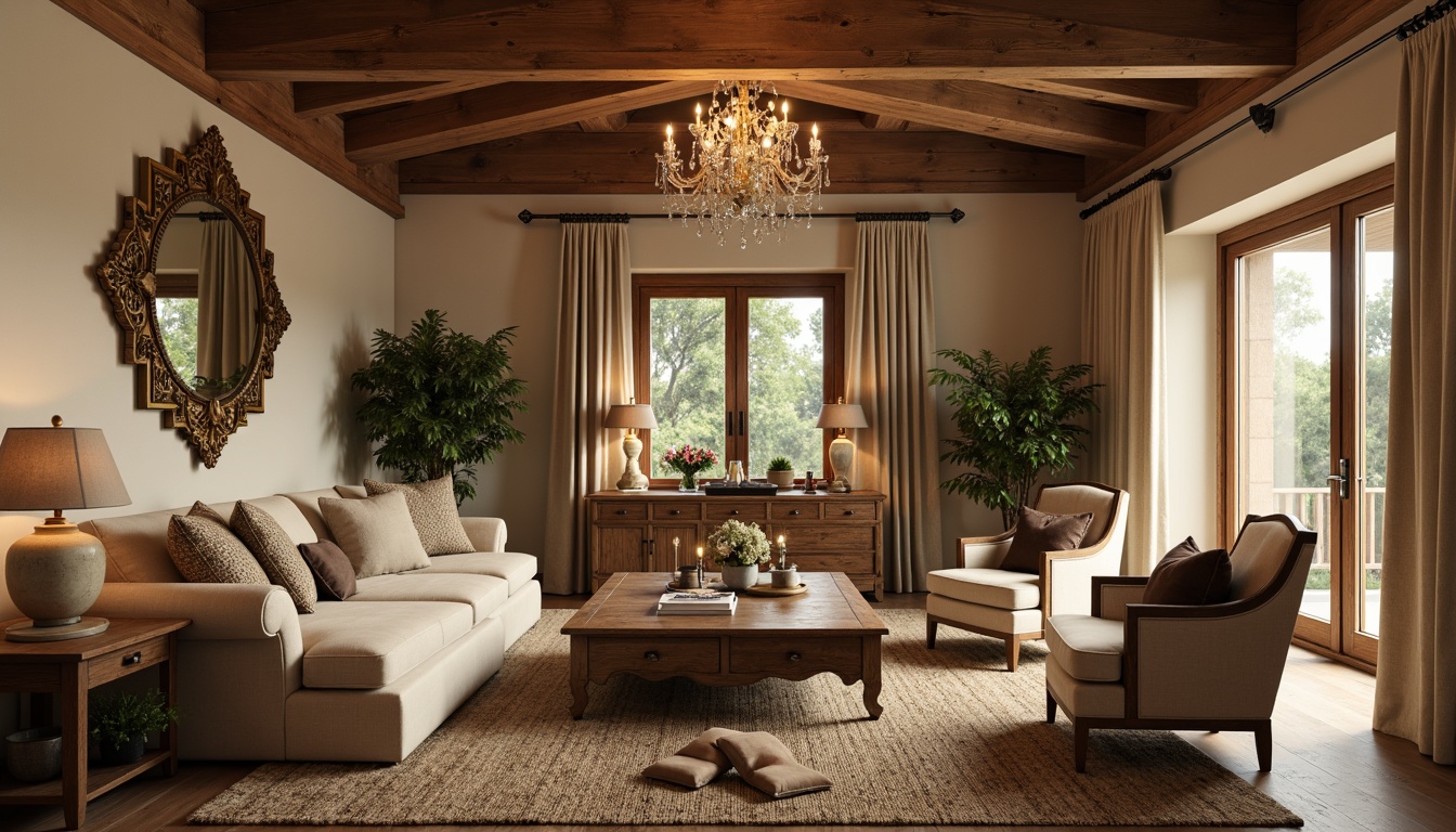 Prompt: Cozy family room, warm beige walls, rustic wooden beams, plush sectional sofa, vintage armchairs, distressed wood coffee table, soft velvet pillows, elegant crystal chandelier, ornate gold mirror, natural stone fireplace, woven jute rug, lush greenery, warm candlelight, soft focus, shallow depth of field, 1/2 composition, intimate atmosphere.