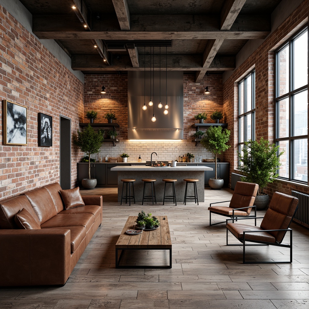 Prompt: Exposed brick walls, metal beams, reclaimed wood floors, industrial-style lighting fixtures, distressed leather sofas, vintage metal chairs, rustic wooden coffee tables, Edison bulb pendant lamps, urban loft atmosphere, functional minimalist decor, neutral color palette, metal frame shelving units, concrete countertops, stainless steel appliances, industrial-chic accents, modern art pieces, abstract geometric patterns, high-ceiling windows, natural light pouring in, soft warm ambient lighting, 3/4 composition, realistic textures, ambient occlusion.