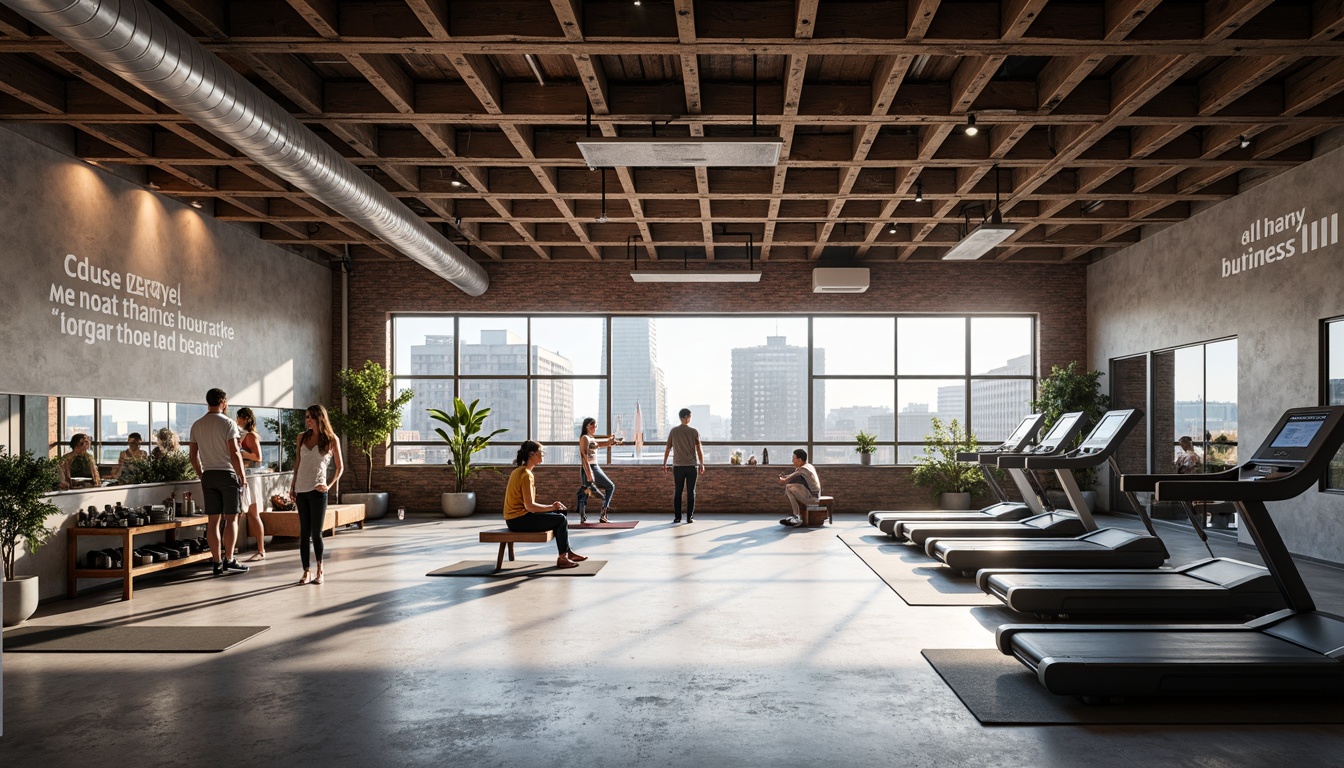 Prompt: Modern fitness studio, open space concept, industrial chic decor, exposed brick walls, polished concrete floors, floor-to-ceiling windows, natural light pouring in, sleek metal beams, minimalist design, state-of-the-art equipment, treadmills, free weights, yoga mats, mirrored walls, motivational quotes, urban cityscape views, morning sunlight, soft warm lighting, shallow depth of field, 3/4 composition, realistic textures, ambient occlusion.