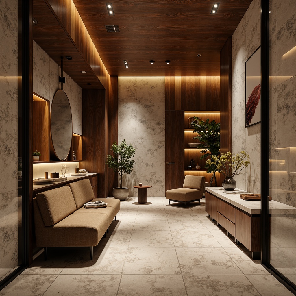 Prompt: Luxurious interior space, rich wood textures, metallic accents, sleek glass surfaces, velvety soft fabrics, natural stone walls, polished marble countertops, matte black steel frames, warm golden lighting, shallow depth of field, 1/2 composition, realistic reflections, ambient occlusion.