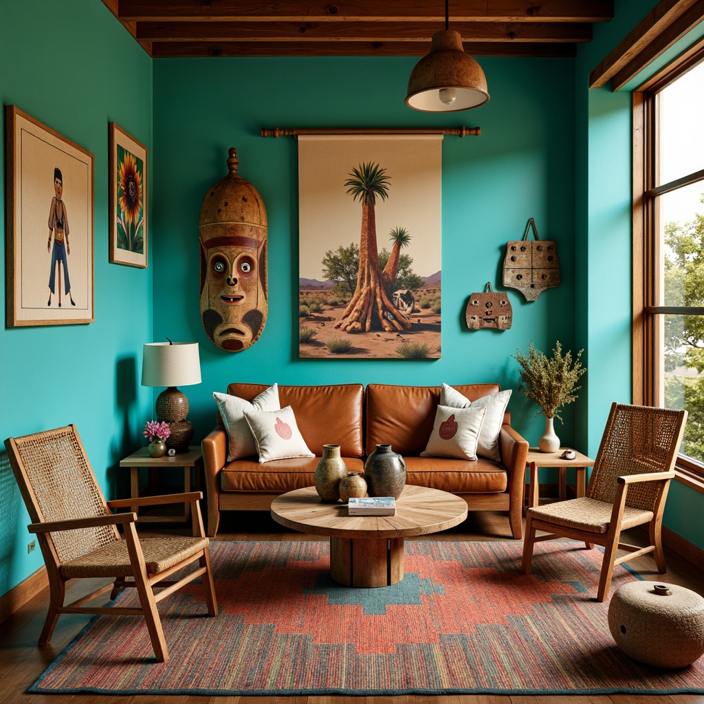 Prompt: Vibrant turquoise walls, rustic wooden furniture, woven Native American-inspired rugs, colorful pottery vases, hand-painted ceramic tiles, distressed leather armchairs, woven baskets, natural fiber textiles, desert botanical prints, vintage tribal masks, warm golden lighting, 1/2 composition, shallow depth of field, soft focus effect, earthy tone color palette.