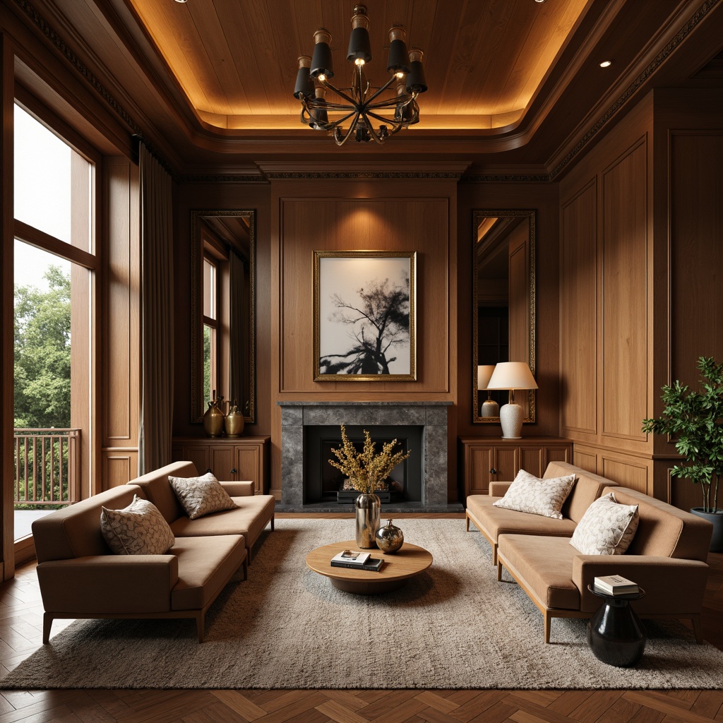 Prompt: Luxurious living room, rich wood paneling, velvet sofas, ornate mirrors, textured rug, abstract artwork, dramatic lighting, warm beige walls, natural stone fireplace, modern minimalist decor, sleek metal accents, subtle patterned fabrics, soft golden lighting, shallow depth of field, 1/1 composition, realistic textures, ambient occlusion.