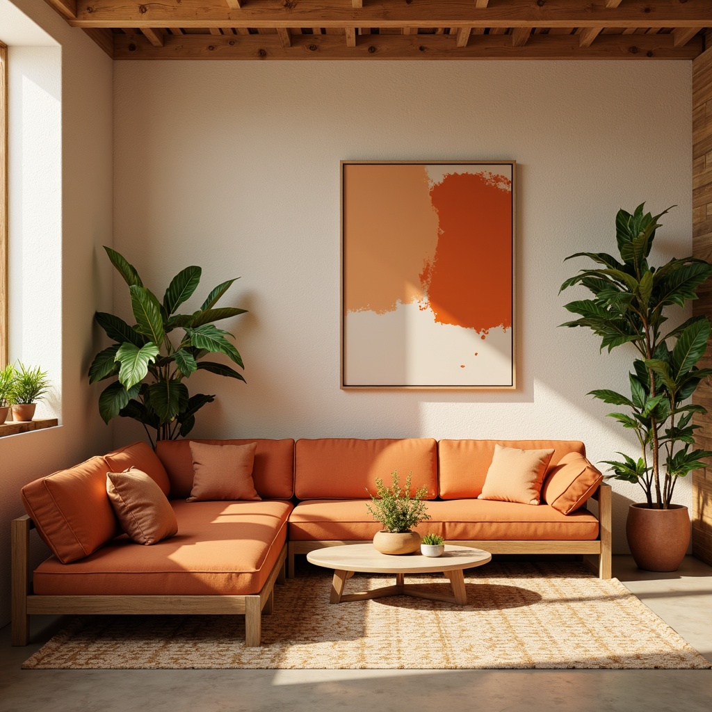 Prompt: Vibrant orange tones, warm beige accents, creamy whites, rich wood textures, natural stone backgrounds, earthy terracotta pots, lush green foliage, modern minimalist decor, Scandinavian-inspired furniture, geometric patterns, bold brushstroke artworks, soft warm lighting, shallow depth of field, 2/3 composition, realistic renderings, ambient occlusion.