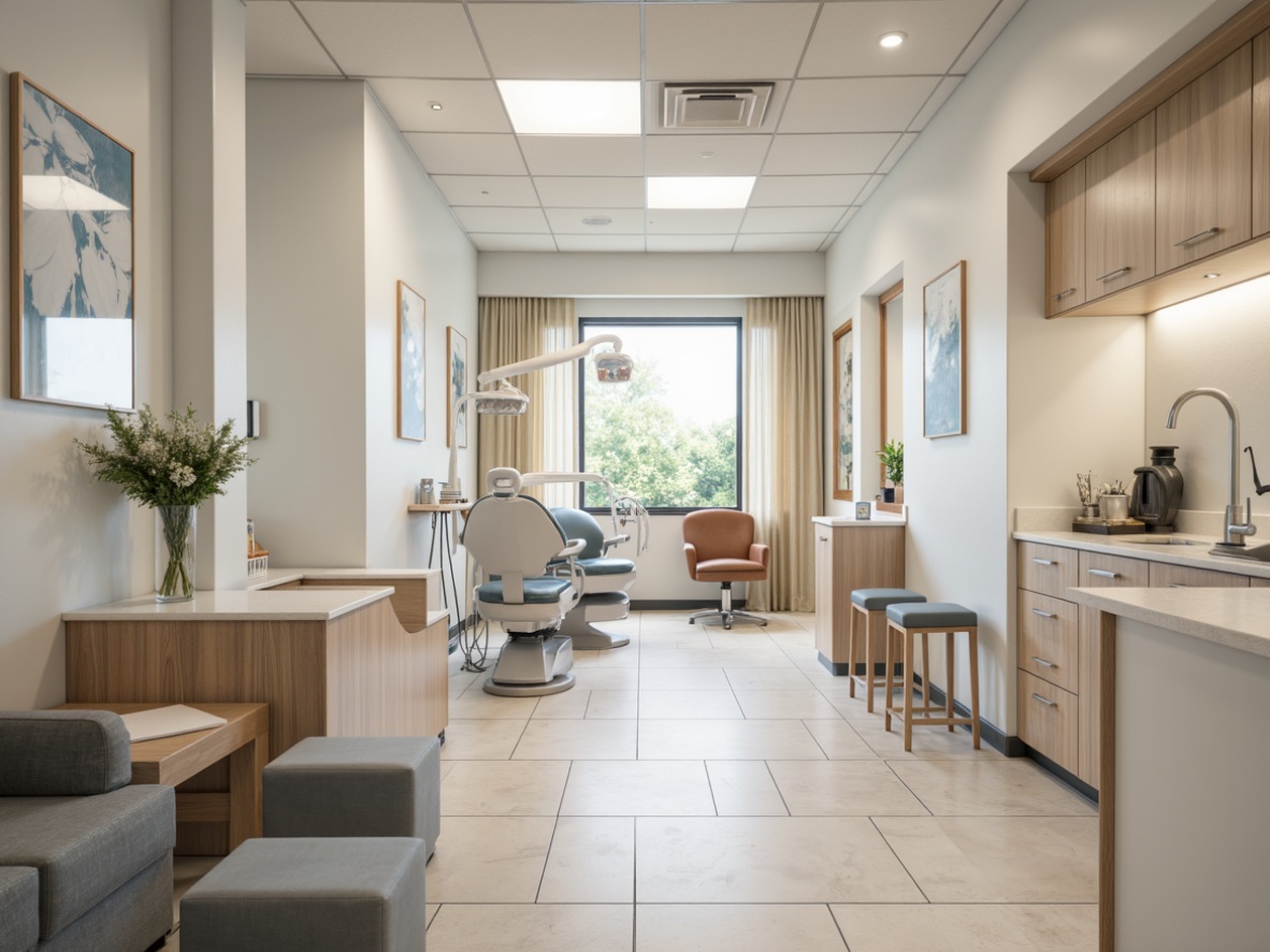 Prompt: Calming dental clinic interior, soft creamy whites, gentle grays, soothing blues, natural wood accents, sleek metallic surfaces, minimalist decor, clean lines, simple shapes, subtle textures, ambient lighting, softbox illumination, 1/1 composition, shallow depth of field, realistic renderings, subtle shadows.