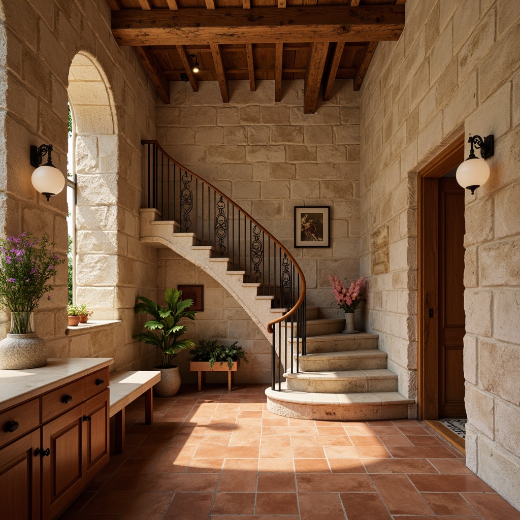 Prompt: Warm terracotta flooring, natural stone walls, rustic wooden handrails, ornate metal balusters, curved staircase design, earthy tone color palette, creamy marble countertops, rich wood accents, decorative ceramic tiles, soft warm lighting, subtle shadows, 1/2 composition, intimate close-up shot, realistic textures, ambient occlusion.