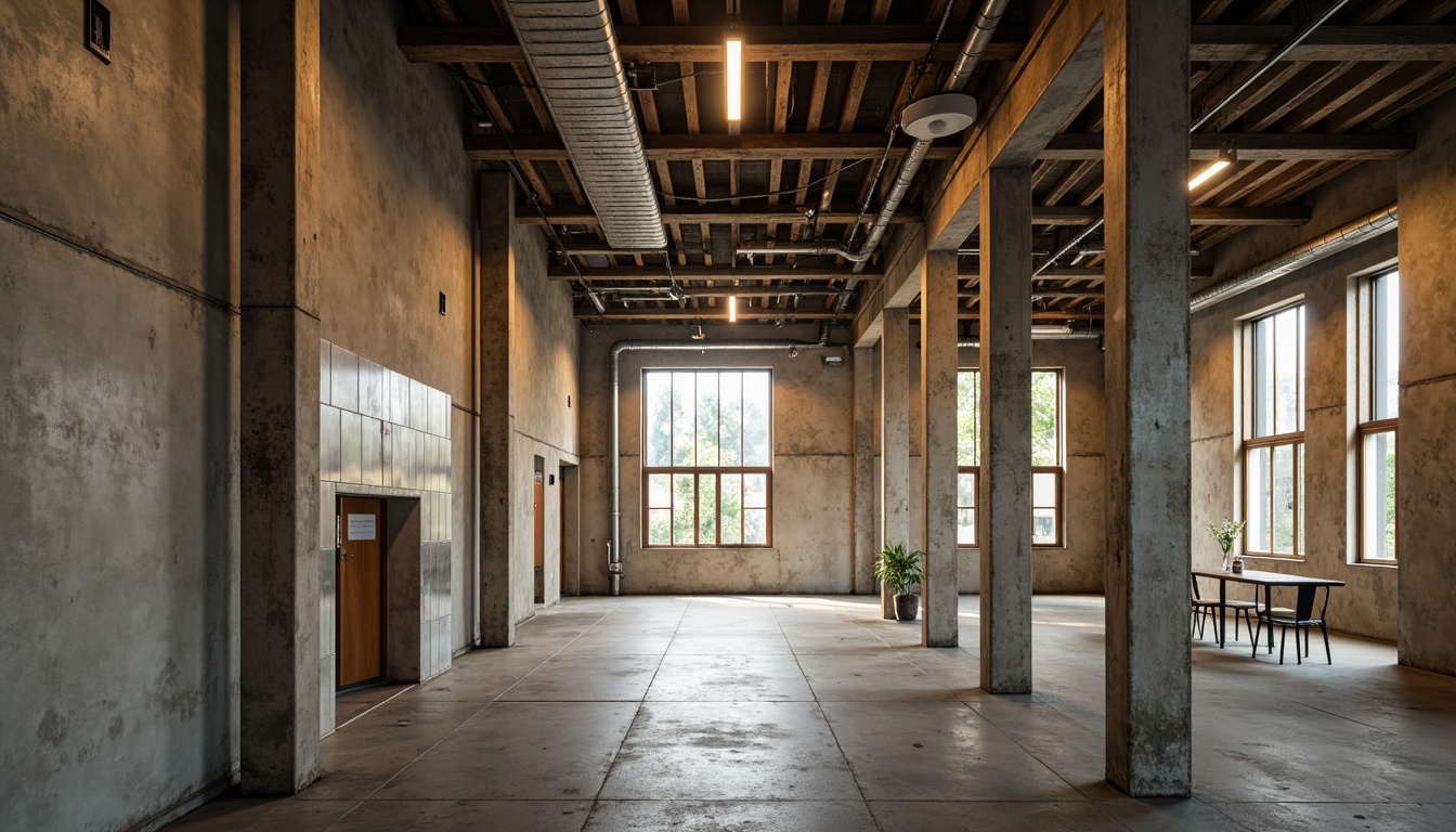 Prompt: Industrial concrete walls, metal beams, exposed ductwork, functional machinery, utilitarian lighting, distressed wood accents, muted primary colors, weathered steel tones, earthy brown hues, neutral beige backgrounds, subtle gradient effects, soft natural light, atmospheric mist, shallow depth of field, 2/3 composition, realistic textures, ambient occlusion.