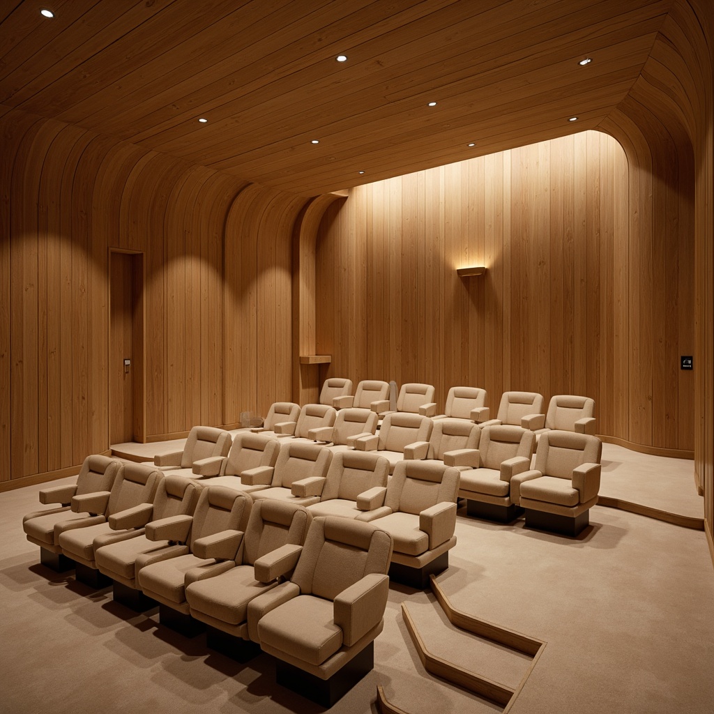 Prompt: Intimate wooden auditorium, Nordic minimalist design, warm beige tones, soft diffused lighting, plush velvet seats, natural wood accents, acoustic panels, sound-absorbing materials, curved lines, organic shapes, cozy atmospheric ambiance, subtle color palette, richly textured fabrics, refined metal details, understated elegance, harmonious proportions, precise sound engineering, 1/2 composition, warm soft focus, realistic reflections.