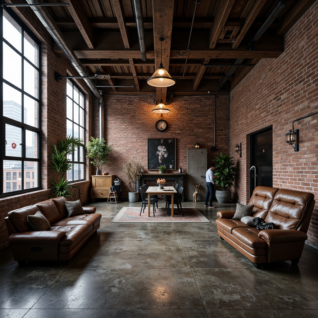 Prompt: Exposed brick walls, metal beams, reclaimed wood accents, industrial-style lighting fixtures, polished concrete floors, distressed leather furniture, vintage manufacturing equipment, urban cityscape backdrop, gritty textures, high-contrast dramatic lighting, cinematic composition, bold color palette, functional decorative elements, edgy modern architecture, converted warehouse space, eclectic mix of materials, dynamic angular lines.