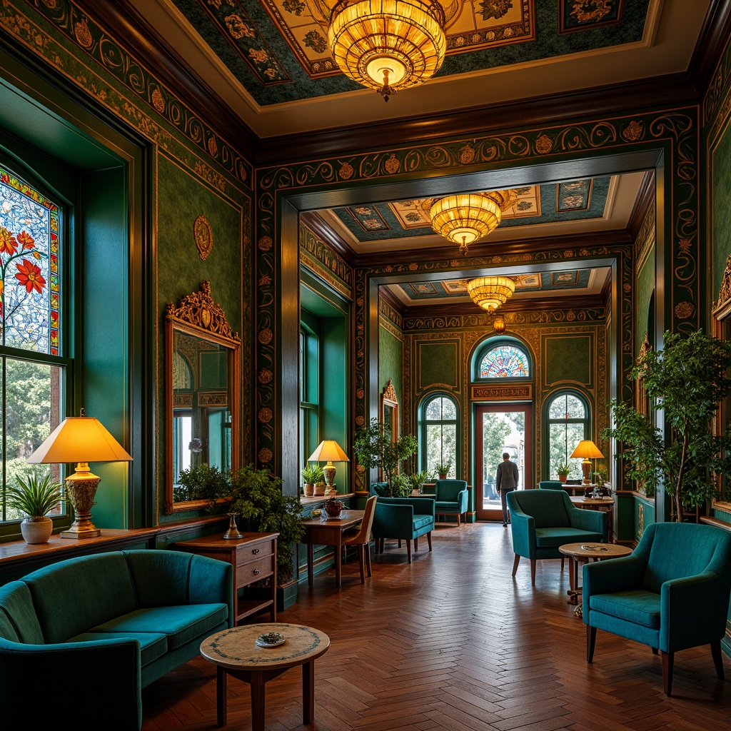 Prompt: Opulent Art Nouveau interior, rich jewel-toned colors, emerald green walls, sapphire blue accents, amber lighting, intricate organic patterns, flowing sinuous lines, ornate metalwork, luxurious velvet fabrics, polished wooden floors, curvaceous furniture silhouettes, stained glass windows, warm golden lighting, soft focus, shallow depth of field, 2/3 composition, ornate mirror frames, vintage decorative accessories.