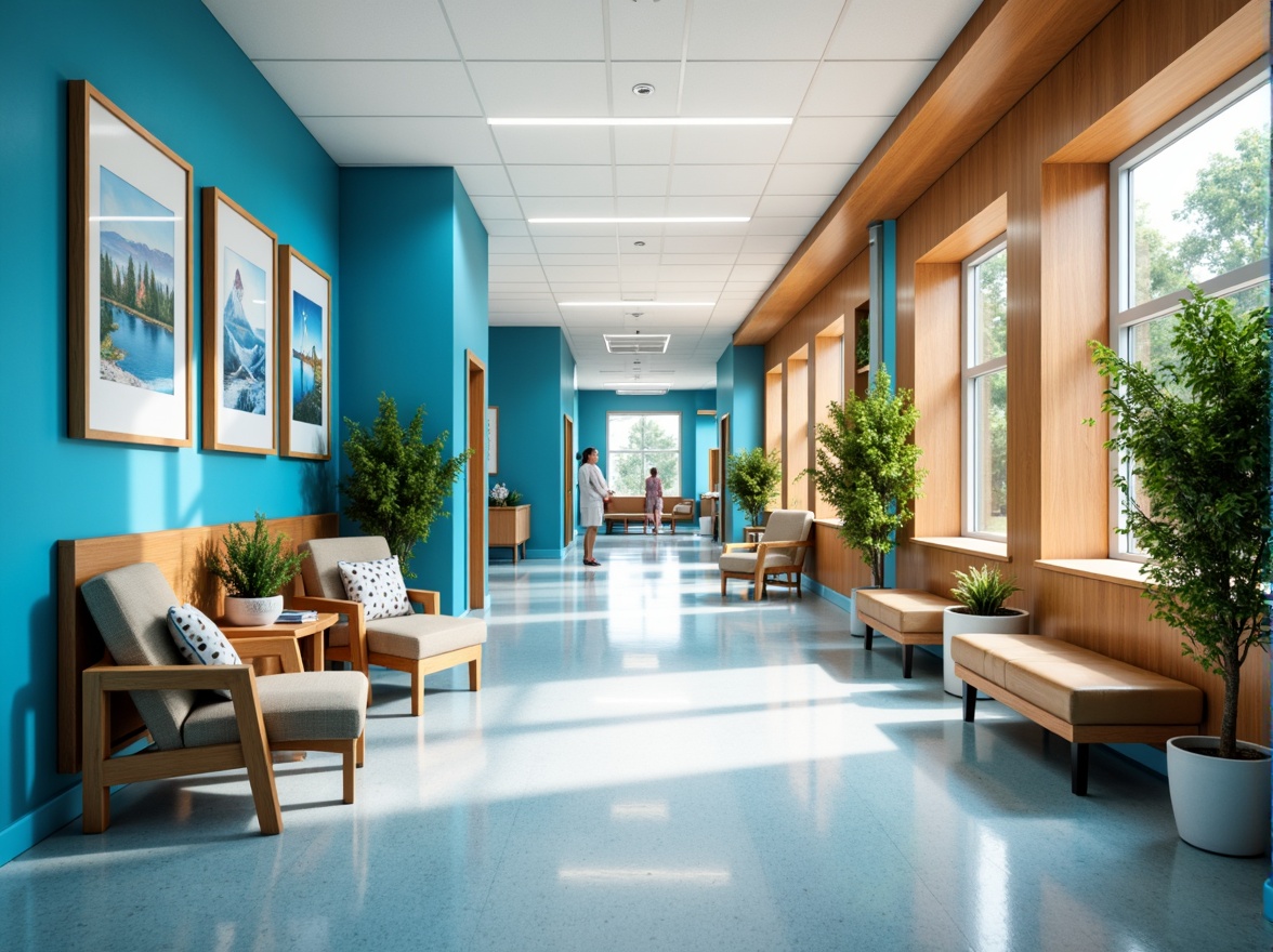 Prompt: Vibrant hospital corridors, calming blue walls, warm wood accents, comfortable waiting areas, soothing greenery, natural light pouring in, uplifting artwork displays, inviting furniture arrangements, cozy reading nooks, ergonomic seating, gentle color transitions, subtle branding elements, modern medical equipment, sterile surfaces, minimal clutter, organized storage spaces, soft ambient lighting, shallow depth of field, 1/1 composition, realistic textures, ambient occlusion.