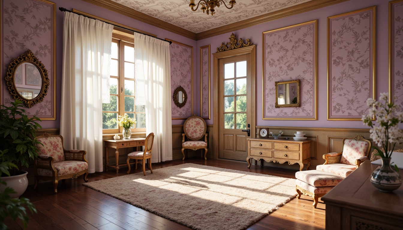 Prompt: Whimsical kid's room, richly patterned wallpaper, ornate moldings, soft lavender walls, distressed wood paneling, vintage floral prints, delicate lace curtains, plush area rugs, antique wooden furniture, intricate carvings, ornamental mirrors, warm golden lighting, shallow depth of field, 1/1 composition, realistic textures, ambient occlusion.