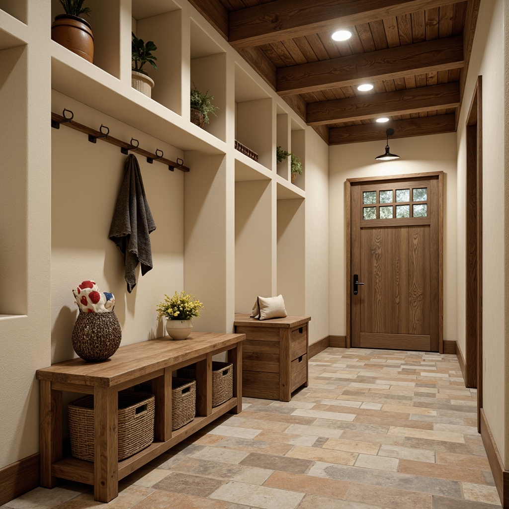 Prompt: Cozy mudroom, natural stone flooring, wooden bench, woven baskets, rustic metal hooks, warm ambient lighting, soft overhead lighting, task lighting under cabinets, LED strip lights, recessed ceiling lights, pendant lamps, industrial-style fixtures, earthy color palette, textured walls, wooden accents, built-in shelving, storage cubbies, functional layout, organized space, warm beige tones, soft cream hues, natural textures, rustic charm.