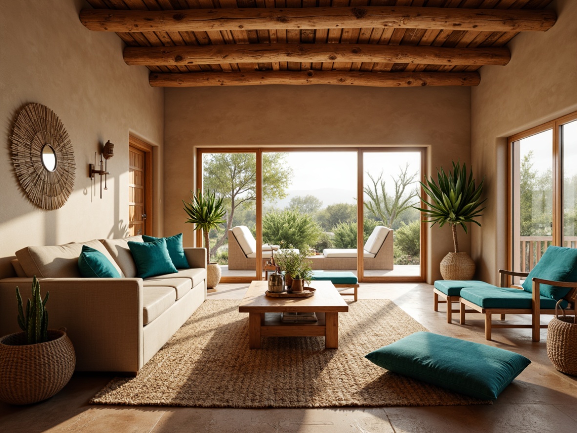 Prompt: \Southwestern-style living room, earthy tones, adobe-inspired walls, rustic wooden beams, plush textiles, vibrant turquoise accents, natural fiber rugs, woven baskets, desert botanicals, cacti, succulents, large windows, sliding glass doors, soft warm lighting, shallow depth of field, 3/4 composition, panoramic view, realistic textures, ambient occlusion.\