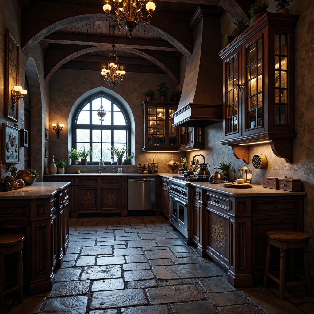 Prompt: Dark medieval-inspired kitchen, worn stone flooring, distressed wood planks, ornate metal inlays, mysterious ambiance, dramatic lighting, grand chandeliers, vaulted ceilings, arch-shaped windows, rustic wooden cabinets, intricate carvings, gothic-style furniture, rich velvet textiles, mysterious apothecary jars, ancient artifacts, warm candlelight, shallow depth of field, 1/2 composition, cinematic view, realistic textures, ambient occlusion.