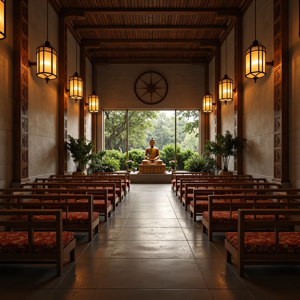 Prompt: Serenely lit worship space, intricately carved wooden pews, richly textured silk fabrics, ornate lanterns, Buddha statue, tranquil water features, lush greenery, natural stone flooring, warm wood tones, minimalist decor, subtle fragrance of incense, soft warm lighting, shallow depth of field, 1/1 composition, realistic textures, ambient occlusion.