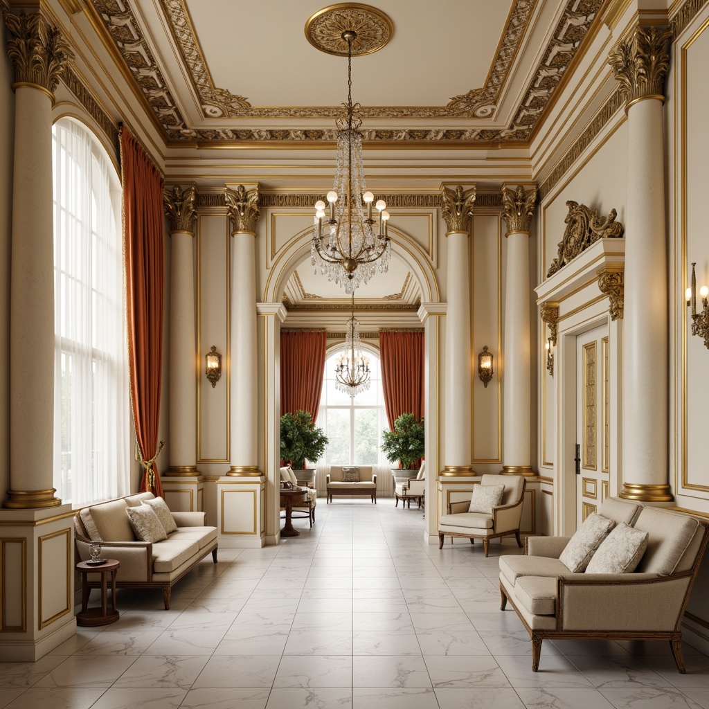 Prompt: Elegant neoclassical interior, ornate moldings, intricately carved details, gilded accents, polished marble floors, stately columns, arched doorways, rich velvet drapes, crystal chandeliers, refined furniture pieces, subtle cream colors, soft warm lighting, shallow depth of field, 1/1 composition, realistic textures, ambient occlusion.