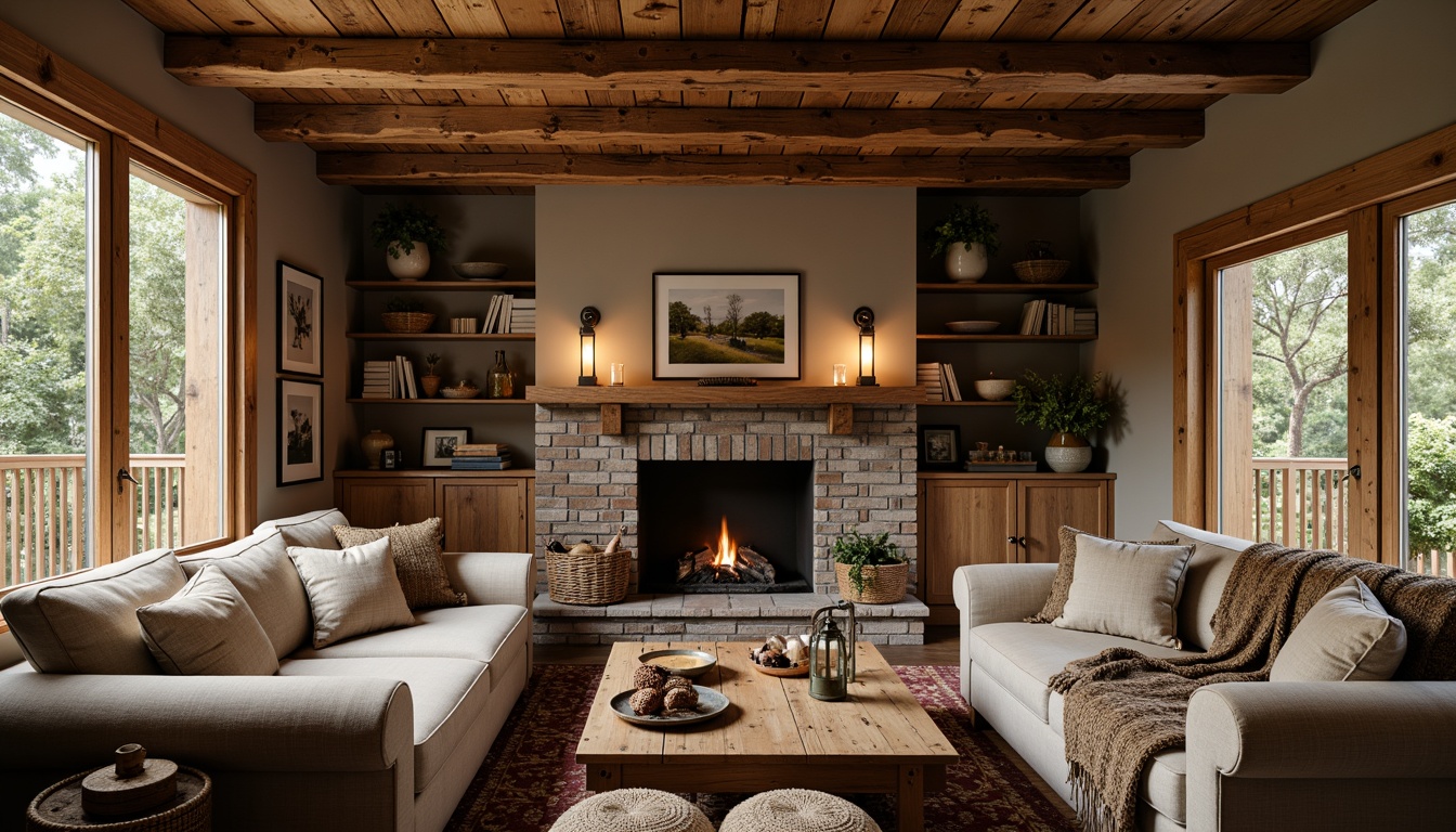 Prompt: Rustic family room, wooden accents, earthy tones, natural textures, vintage decorations, distressed wood furniture, plush sofas, chunky armchairs, woven baskets, stone fireplace, warm candlelight, soft blankets, pinecone adornments, lantern-style lighting, wooden ceiling beams, exposed brick walls, cozy throw pillows, nature-inspired artwork, rough-hewn wooden tables, comfortable ottomans, earthy scented candles, 1/2 composition, warm atmospheric lighting, realistic wood grain textures.