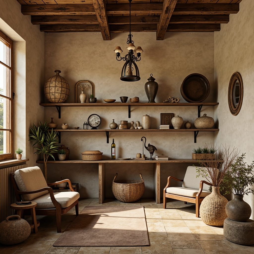 Prompt: Rustic storage room, distressed wooden shelves, vintage metal brackets, ornate carvings, soft creamy walls, warm beige floors, natural stone accents, woven baskets, antique furniture pieces, elegant chandeliers, lavish textiles, rich wood tones, subtle rustic charm, cozy atmosphere, soft golden lighting, shallow depth of field, 1/2 composition, intimate camera angle.