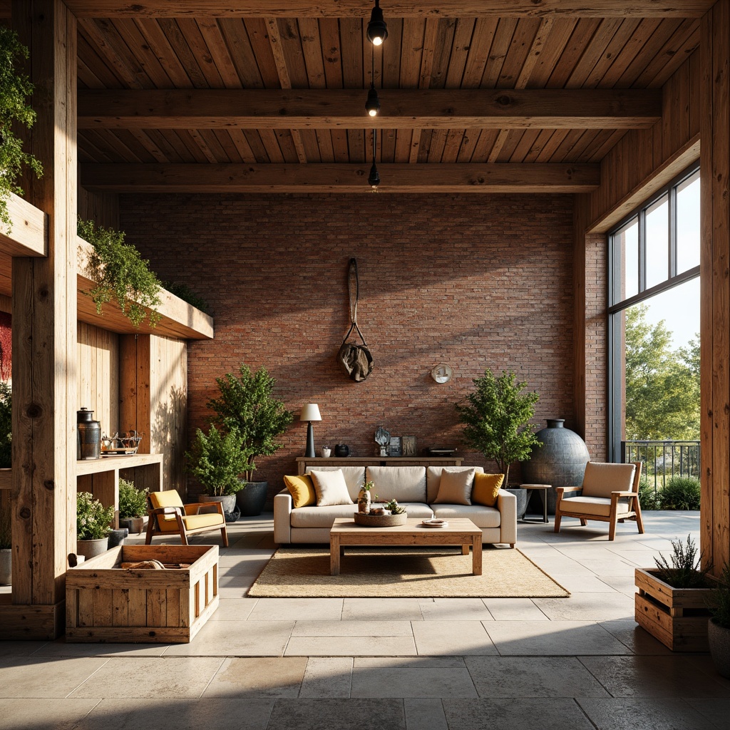 Prompt: Rustic farmhouse, reclaimed wood accents, industrial metal beams, exposed brick walls, earthy color palette, natural stone flooring, vintage farm tools, wooden crates, potted greenery, abundant natural light, soft warm glow, shallow depth of field, 3/4 composition, panoramic view, realistic textures, ambient occlusion, open layout, minimal decor, distressed finishes, functional decor, eclectic furniture pieces.