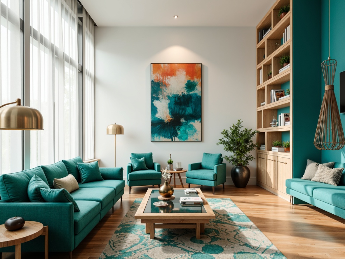 Prompt: Vibrant teal accents, modern minimalist interior, sleek glass coffee table, plush sectional sofa, abstract artwork, geometric-patterned rug, natural wood flooring, floor-to-ceiling windows, sheer white curtains, abundant sunlight, cozy reading nook, built-in shelving units, metallic lamp fixtures, bold color blocking, eclectic decorative pieces, lively atmosphere, 1/1 composition, soft focus, warm color temperature.