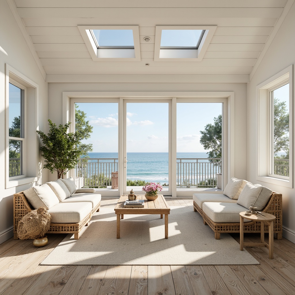 Prompt: \Airy coastal cottage, whitewashed walls, natural textures, woven rattan furniture, driftwood accents, soft linen upholstery, calming ocean views, floor-to-ceiling windows, sliding glass doors, clerestory windows, skylights, reflective surfaces, minimal window treatments, light-colored wood floors, creamy white paint, beachy vibe, warm sunny day, gentle sea breeze, 1/1 composition, high-key lighting, soft focus, shallow depth of field.\