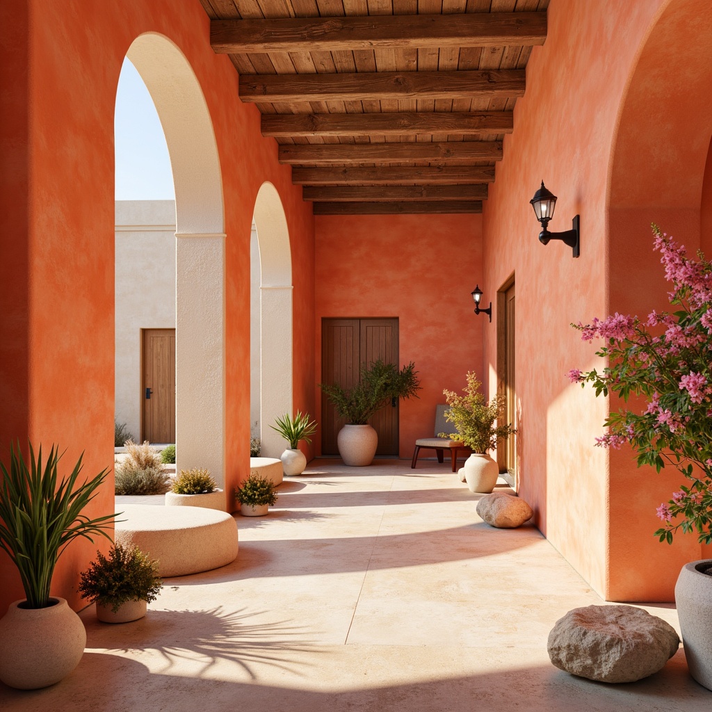 Prompt: Vibrant orange hues, warm terracotta tones, soft peach accents, rich coral shades, creamy white backgrounds, natural wood textures, earthy stone elements, sunny afternoon light, shallow depth of field, 1/2 composition, symmetrical framing, realistic renderings, ambient occlusion.