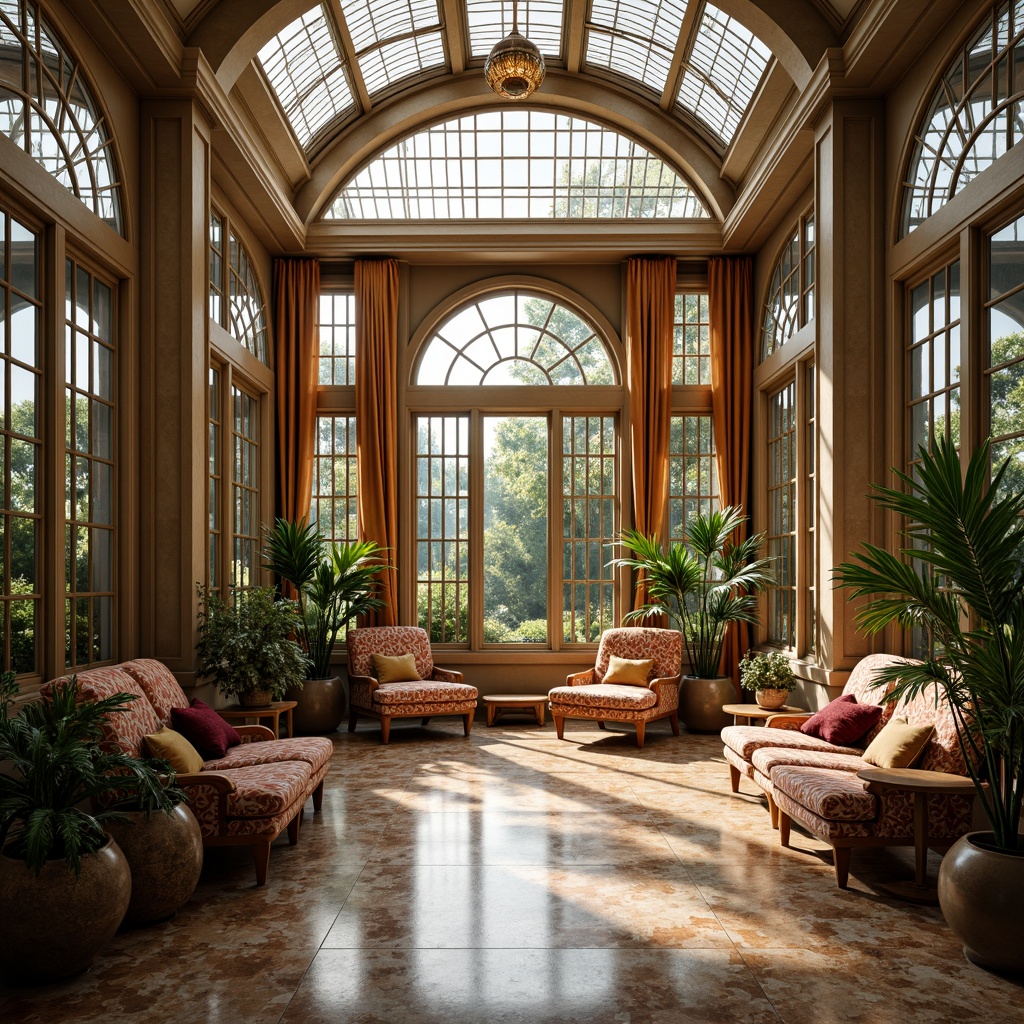 Prompt: Luxurious sunroom, ornate metalwork, geometric patterns, chrome accents, glossy marble floors, velvet drapes, lavish furnishings, tropical plants, natural stone walls, arched windows, circular skylights, warm golden lighting, soft focus, shallow depth of field, 1/1 composition, elegant lines, symmetrical layout, vintage decorative elements, antique furniture pieces, metallic finishes, bold color schemes, opulent textiles.