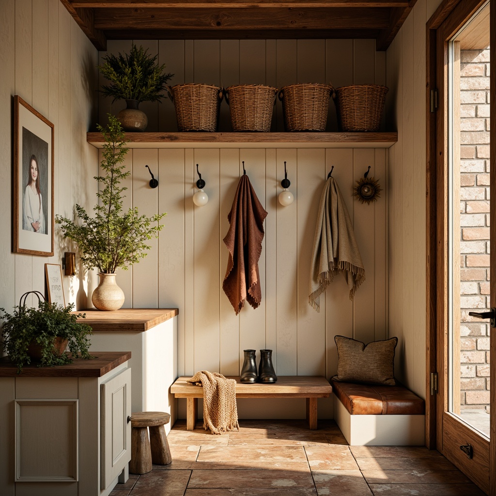 Prompt: Rustic mudroom, earthy tones, warm beige walls, natural wood accents, woven baskets, vintage metal hooks, distressed leather benches, rich brown flooring, soft cream-colored cabinets, industrial-style lighting, exposed brick textures, cozy throw blankets, autumnal hues, warm golden lighting, shallow depth of field, 1/1 composition, realistic textures, ambient occlusion.