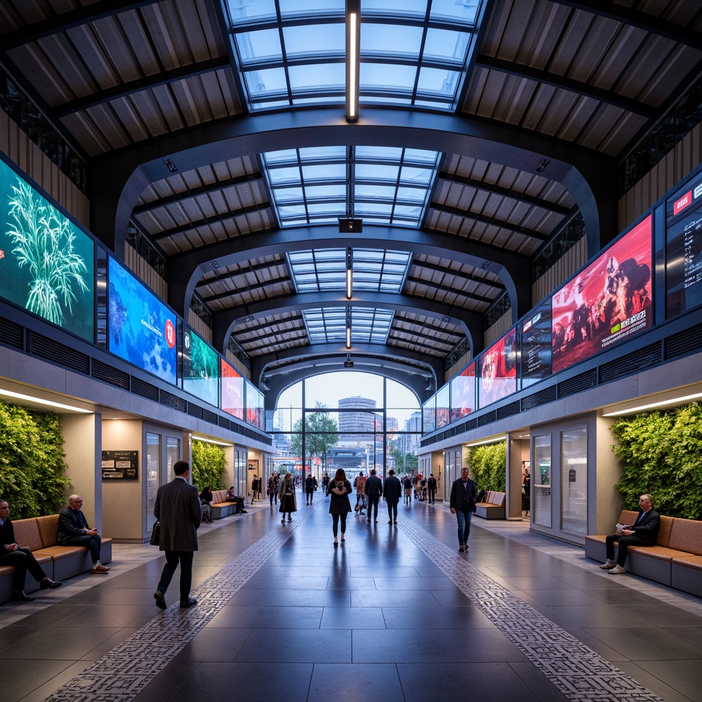 Prompt: Vibrant metro station, futuristic architecture, sleek metal beams, LED light installations, dynamic digital displays, modern urban ambiance, bustling city atmosphere, rush hour crowds, polished concrete floors, geometric patterned tiles, acoustic sound panels, minimalist seating areas, integrated green walls, natural ventilation systems, ambient lighting effects, shallow depth of field, 1/1 composition, realistic textures, atmospheric fog.