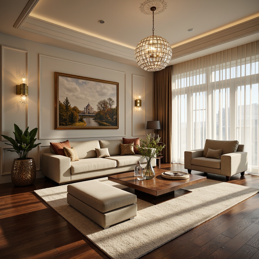 Prompt: Luxurious living room, rich wood flooring, plush carpeting, soft velvety sofas, modern minimalist coffee table, elegant crystal chandelier, cream-colored walls, ornate golden frames, floor-to-ceiling windows, sheer curtains, ambient warm lighting, 1/1 composition, shallow depth of field, realistic textures, ambient occlusion.