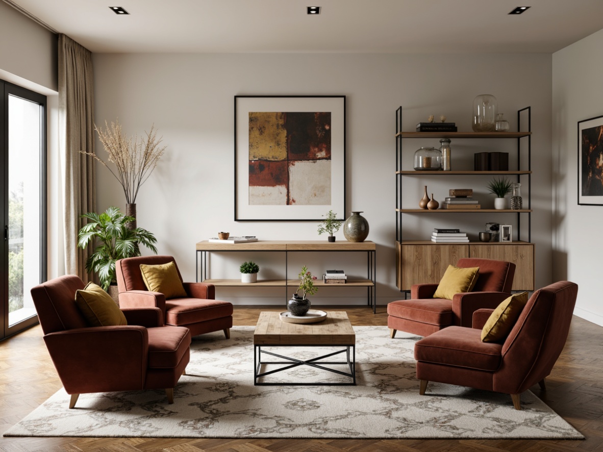 Prompt: Mid-century modern armchairs, velvet upholstery, golden accents, minimalist coffee tables, industrial metal legs, reclaimed wood shelves, bohemian patterned rugs, Scandinavian-inspired desks, sleek glass vases, abstract artwork, monochromatic color scheme, soft warm lighting, shallow depth of field, 3/4 composition, realistic textures, ambient occlusion.