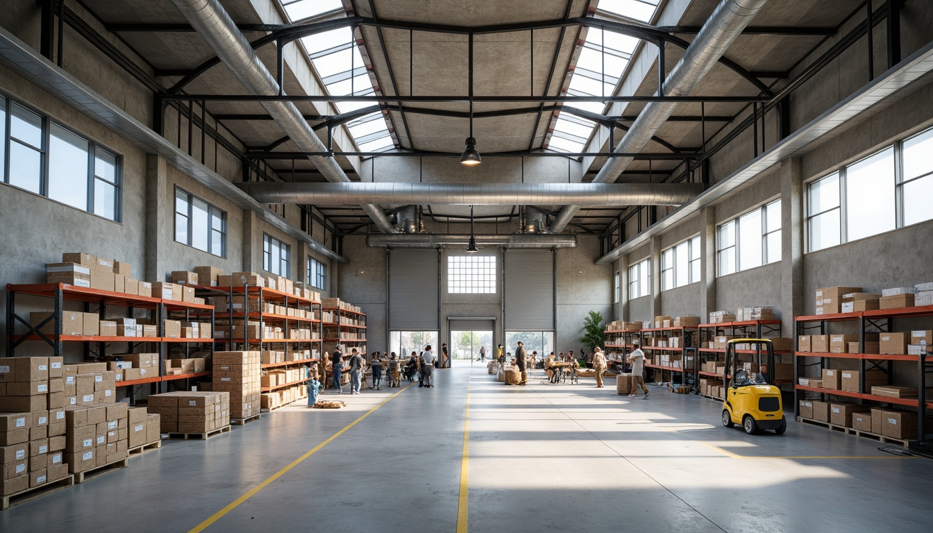 Prompt: Academic distribution center, functional layout, industrial chic, exposed ductwork, concrete flooring, metal beams, natural light, clerestory windows, open shelving, storage racks, shipping crates, logistic equipment, modern machinery, efficient workflow, organized workspace, neutral color palette, metallic accents, minimalist decor, ample vertical space, high ceiling, spacious interior, soft box lighting, 1/2 composition, symmetrical framing, realistic textures, subtle ambient occlusion.