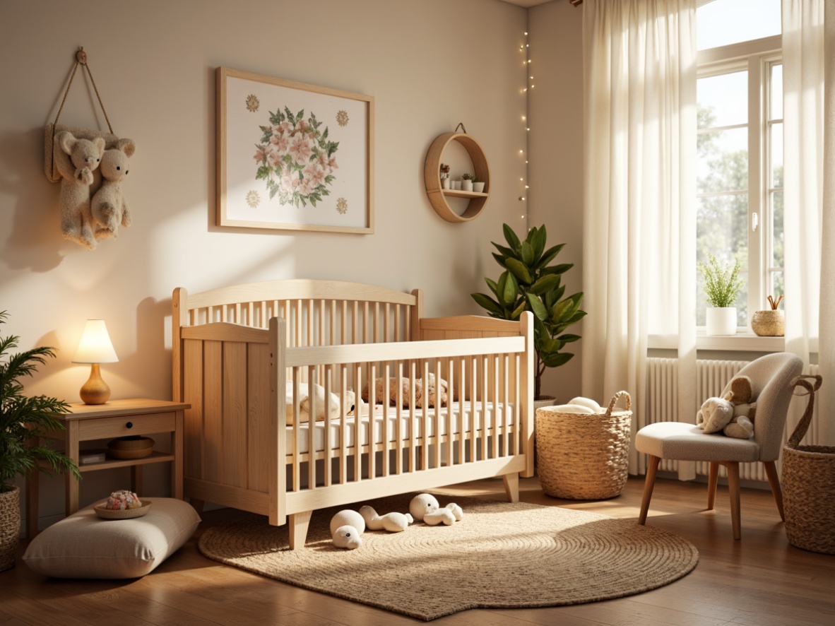 Prompt: Cozy baby room, warm wooden accents, soft cream colors, plush toys, crib with delicate carvings, woven baskets, natural fiber rugs, vintage-inspired lighting fixtures, warm glow table lamps, string lights with tiny stars, creamy white curtains, gentle morning sunlight, shallow depth of field, 1/1 composition, intimate atmosphere, realistic textures, ambient occlusion.