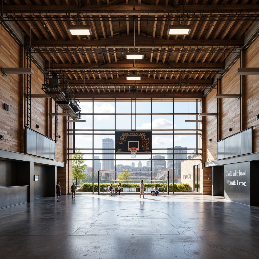 Prompt: Rustic gymnasium interior, exposed wooden beams, industrial-style metal framework, polished concrete floors, modern sports equipment, basketball hoops, volleyball nets, athletic tracks, motivational quotes, urban cityscape views, natural light pouring in, high ceilings, minimalist decor, reclaimed wood accents, steel columns, functional lighting, 1/1 composition, realistic textures, ambient occlusion.