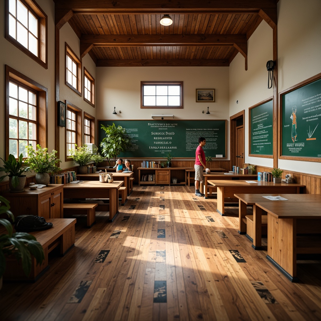 Prompt: Traditional school interior, warm wooden flooring, rich brown tones, polished finish, decorative inlays, classic educational environment, vintage furniture, green chalkboards, motivational quotes, soft natural lighting, cozy reading nooks, comfortable seating areas, nostalgic atmosphere, rustic wood accents, earthy color palette, harmonious blend of old and new elements, symmetrical composition, shallow depth of field, realistic textures.