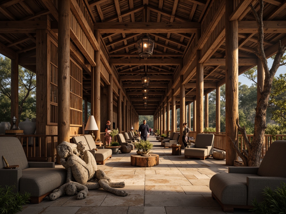 Prompt: Rustic wooden temples, stone-carved statues, earthy tones, natural textiles, woven fibers, rough-hewn stones, organic forms, intricate wood carvings, ornate metalwork, lantern-inspired lighting, serene ambiance, soft warm glow, shallow depth of field, 3/4 composition, panoramic view, realistic textures, ambient occlusion.