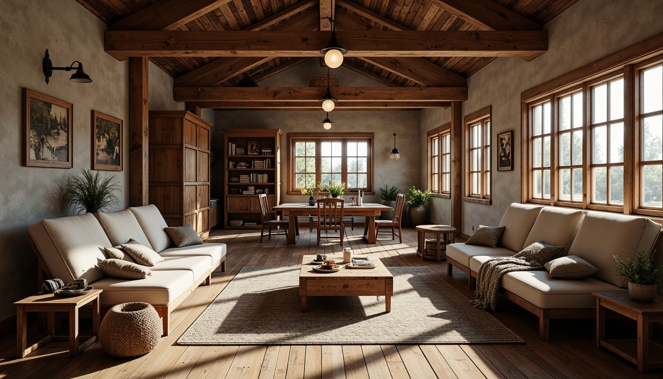 Prompt: Rustic farmhouse interior, exposed wooden beams, distressed wood accents, industrial metal lighting fixtures, reclaimed barn wood, vintage farm tools, earthy color palette, natural stone walls, wooden plank flooring, cozy reading nooks, plush throw blankets, warm candlelight, shallow depth of field, 2/3 composition, realistic textures, ambient occlusion.