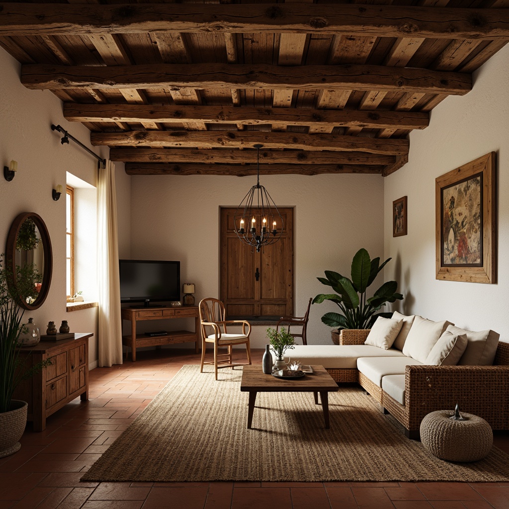 Prompt: Rustic wooden beams, reclaimed wood accents, natural stone walls, earthy terracotta flooring, woven wicker furniture, jute rugs, linen upholstery, distressed metal decor, vintage artifacts, organic shapes, warm candlelight, soft shadows, 1/1 composition, intimate atmosphere, realistic textures, ambient occlusion.