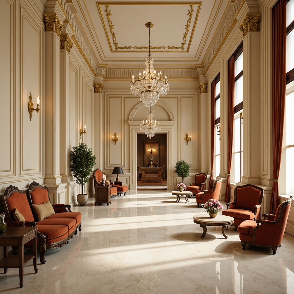 Prompt: Elegant neoclassical interior, cream-colored marble floors, ornate moldings, gilded accents, crystal chandeliers, soft warm lighting, rich velvet upholstery, carved wooden furniture, intricate patterns, subtle textures, luxurious fabrics, antique bronze hardware, timeless architectural details, sophisticated color palette, harmonious proportions, symmetrical composition, realistic reflections, ambient occlusion.