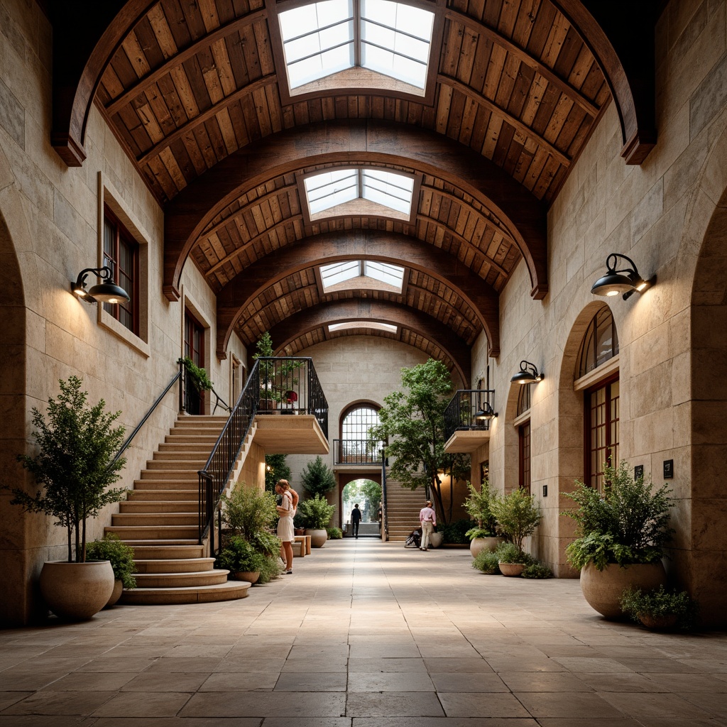 Prompt: Rustic French country style metro station, vaulted ceiling with exposed beams, earthy color palette, distressed wood accents, ornate metalwork, vintage lighting fixtures, ceramic tile flooring, curved archways, grand staircase, lush greenery, natural stone walls, soft warm lighting, ambient occlusion, 1/1 composition, symmetrical perspective, realistic textures, intricate moldings.