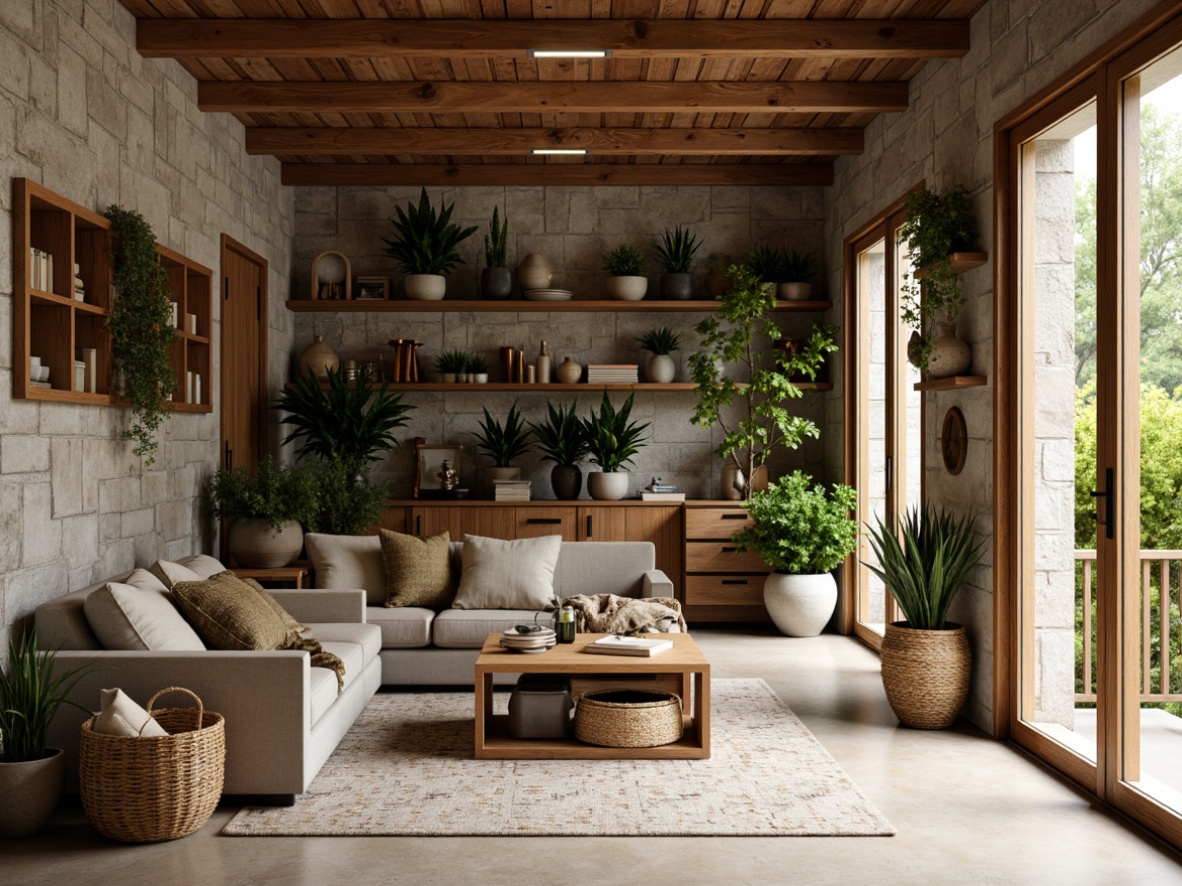 Prompt: Cozy storage room, natural stone walls, reclaimed wood shelves, woven rattan baskets, earthy tone color scheme, soft warm lighting, wooden crates, metal accents, minimalist decor, functional layout, abundant greenery, living walls, organic textures, rustic wooden doors, sliding glass partitions, airy atmosphere, calming ambiance, 1/1 composition, realistic rendering.