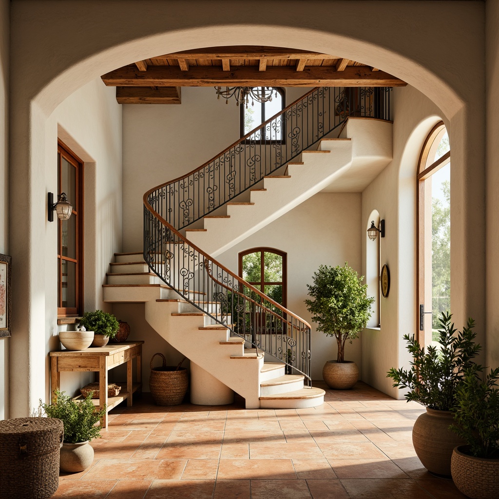 Prompt: Curved staircase, ornate iron balusters, decorative railings, distressed wood treads, creamy white stone walls, rustic terracotta flooring, warm beige marble countertops, arched windows, soft golden lighting, lush greenery, potted plants, wooden ceiling beams, natural fiber textiles, woven baskets, earthy color palette, 3/4 composition, shallow depth of field, warm sunny day.