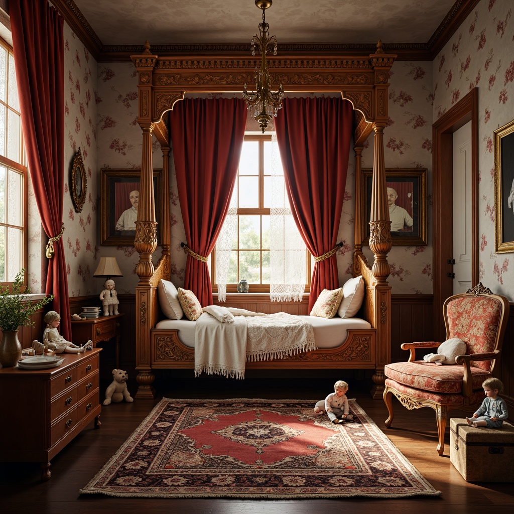 Prompt: Whimsical children's bedroom, rich velvet drapes, ornate wooden furniture, intricately carved four-poster bed, plush area rug, vintage toys, antique dolls, floral patterned wallpaper, lace curtains, golden picture frames, soft warm lighting, shallow depth of field, 1/1 composition, realistic textures, ambient occlusion.