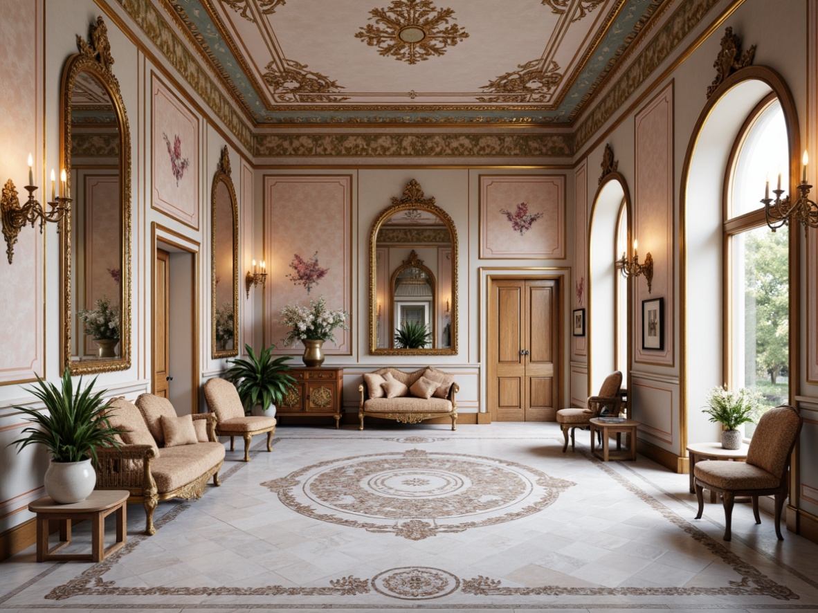 Prompt: Intricate ornate tiles, soft pastel hues, delicate florals, curvaceous lines, gilded accents, luxurious marble floors, ornamental mirrors, lavish furnishings, velvet drapes, intricate carvings, Rococo-inspired motifs, elegant proportions, refined details, warm candlelight, shallow depth of field, 1/2 composition, soft focus, realistic textures.