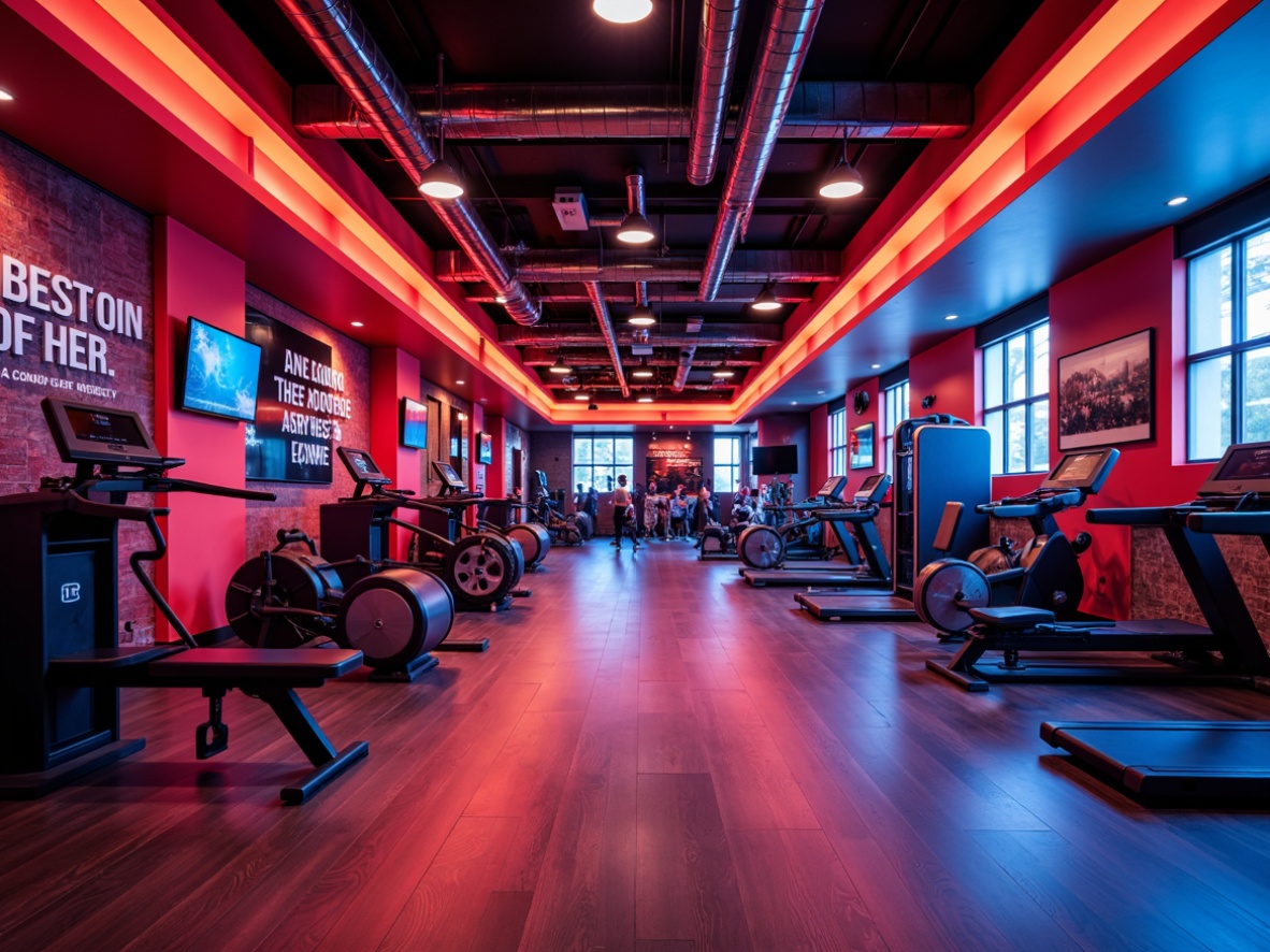 Prompt: Vibrant fitness club interior, energetic color scheme, bold red accents, calming blue tones, motivational quotes, sleek metal equipment, modern LED lighting, polished wood floors, dynamic mirror reflections, high-contrast photography, shallow depth of field, 1/1 composition, warm atmospheric lighting, realistic textures, ambient occlusion.