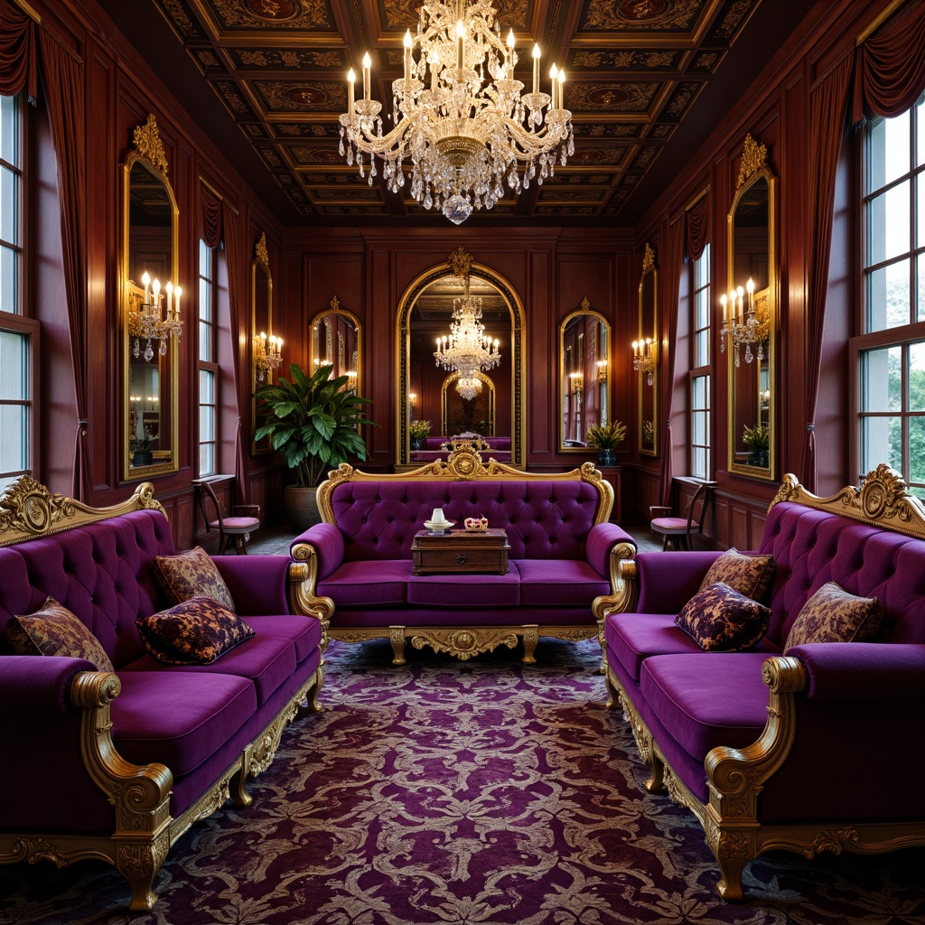 Prompt: Opulent velvet sofas, intricately carved wooden armchairs, gilded frames, ornate mirrors, luxurious silk fabrics, rich brocade patterns, dramatic crystal chandeliers, lavish gold accents, regal purple hues, intimate cozy nooks, curved lines, grandiose architecture, soft warm lighting, shallow depth of field, 3/4 composition, realistic textures, ambient occlusion.