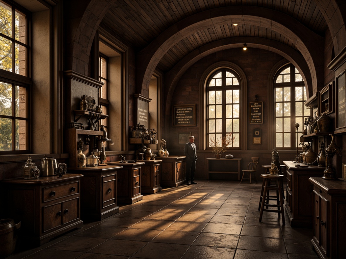 Prompt: Dark academia, Gothic architecture, vaulted ceilings, stained glass windows, rich wood tones, worn stone floors, mysterious corridors, dramatic lighting, bold typography, antique medical equipment, distressed leather furniture, vintage apothecary jars, ornate metal fixtures, mysterious artifacts, eerie atmosphere, warm golden lighting, high contrast shadows, cinematic composition, realistic textures, ambient occlusion.