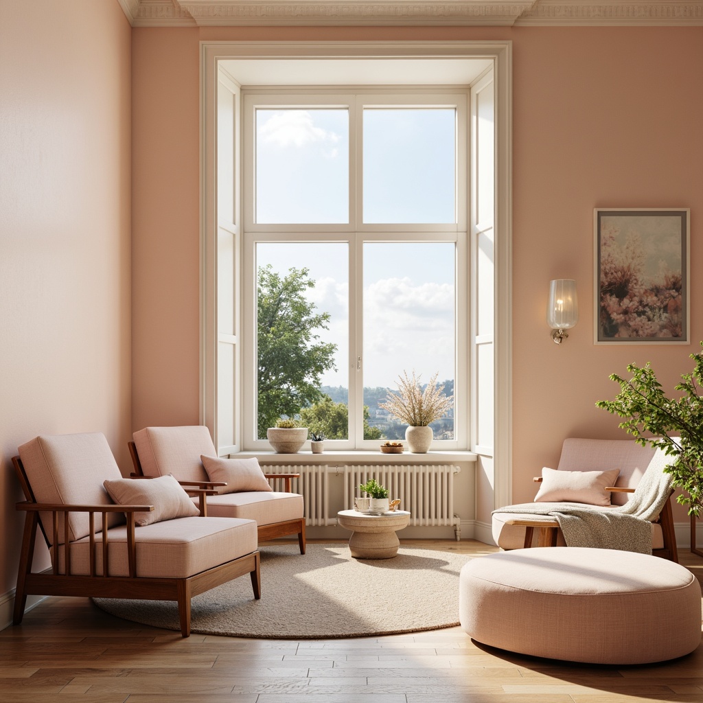 Prompt: Soft peach walls, creamy white trim, warm beige floors, rich walnut furniture, pastel pink accents, gentle mint greenery, calming blue-grey sky, natural light pouring in, soft warm glow, cozy atmosphere, inviting textures, 1/2 composition, intimate vignette, realistic rendering, ambient occlusion.